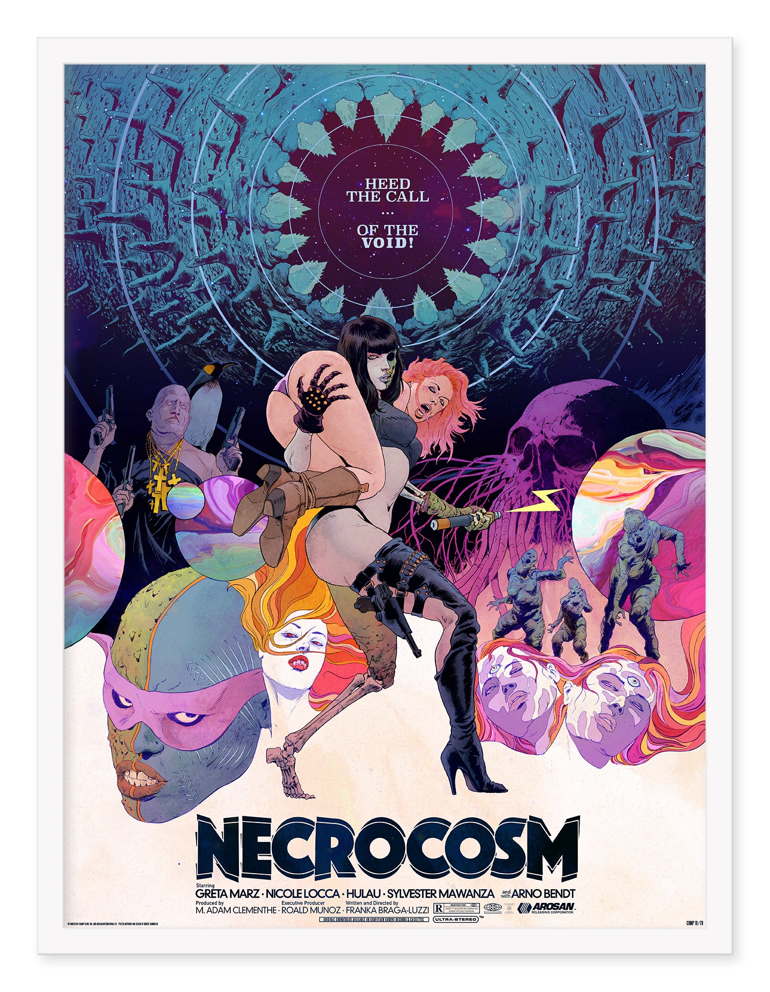 Necrocosm by Robert Sammelin features a vivid, surreal scene with a central figure holding another person amidst abstract, masked faces and geometric patterns. The text states Heed the Call of the Void. Available as an archival pigment print.