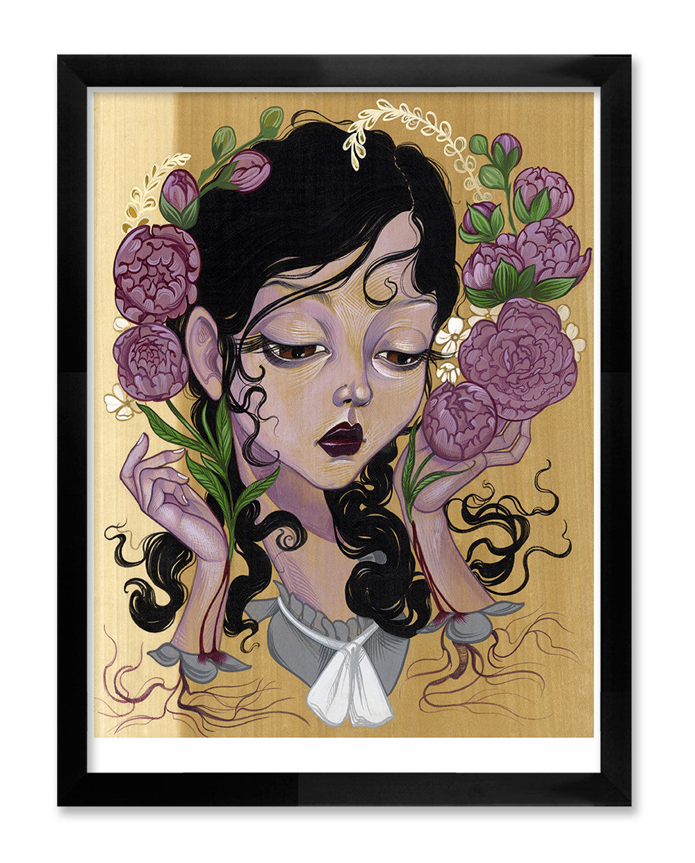 Artistic portrait In Vein by Sandi Calistro features a woman with dark, wavy hair and closed eyes, surrounded by pink flowers. Her hands are delicately near her face against a gold-toned backdrop. Available as a limited edition giclee print and framed in black.