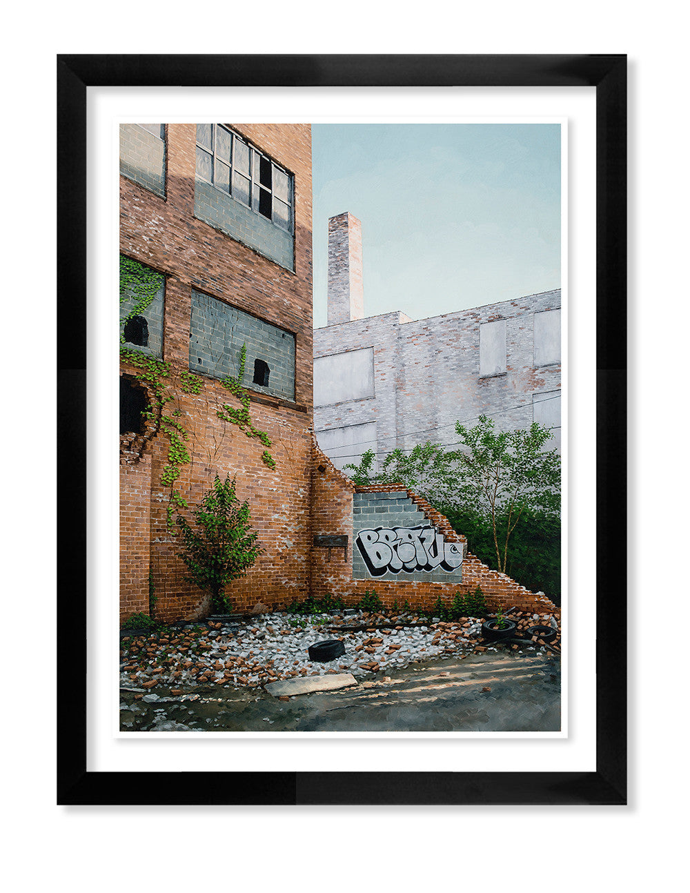 Stephanie Buers limited edition giclee print, Untitled, depicts an urban scene with a brick building covered in ivy and a graffiti tag above scattered rubble. A structure looms in the clear sky background, with each artwork signed and numbered for authenticity.