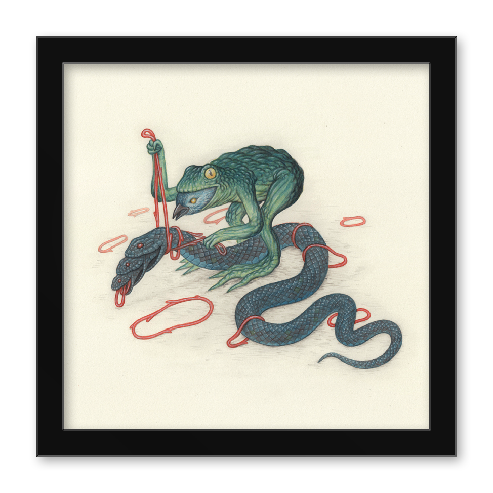 Nick Sheehys Frog Bird Snake is a 12 x 12 artistic piece depicting a frog sewing its head onto a snakes segmented body with red ribbon, surrounded by scattered ribbons. Its hand-numbered and framed in black, embodying an intriguing fusion of creatures.