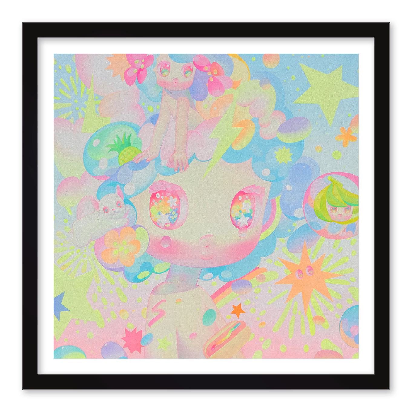The vibrant, surreal Shine Through Tears by So Youn Lee features a large-eyed character in pastel hues. Stars, bubbles, playful figures, a bunny, and a tiny self-portrait fill their blue hair. This captivating archival pigment print is framed in black and both signed and numbered.