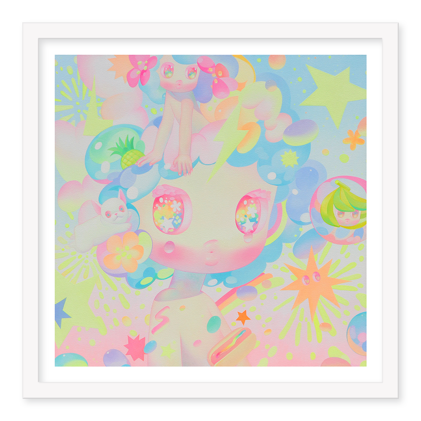 Shine Through Tears by So Youn Lee is an archival pigment print showcasing a pastel-haired character amid stars and abstract shapes. The background features celestial motifs and a serene baby, creating a dreamlike, vibrant scene. Each piece is signed and numbered.