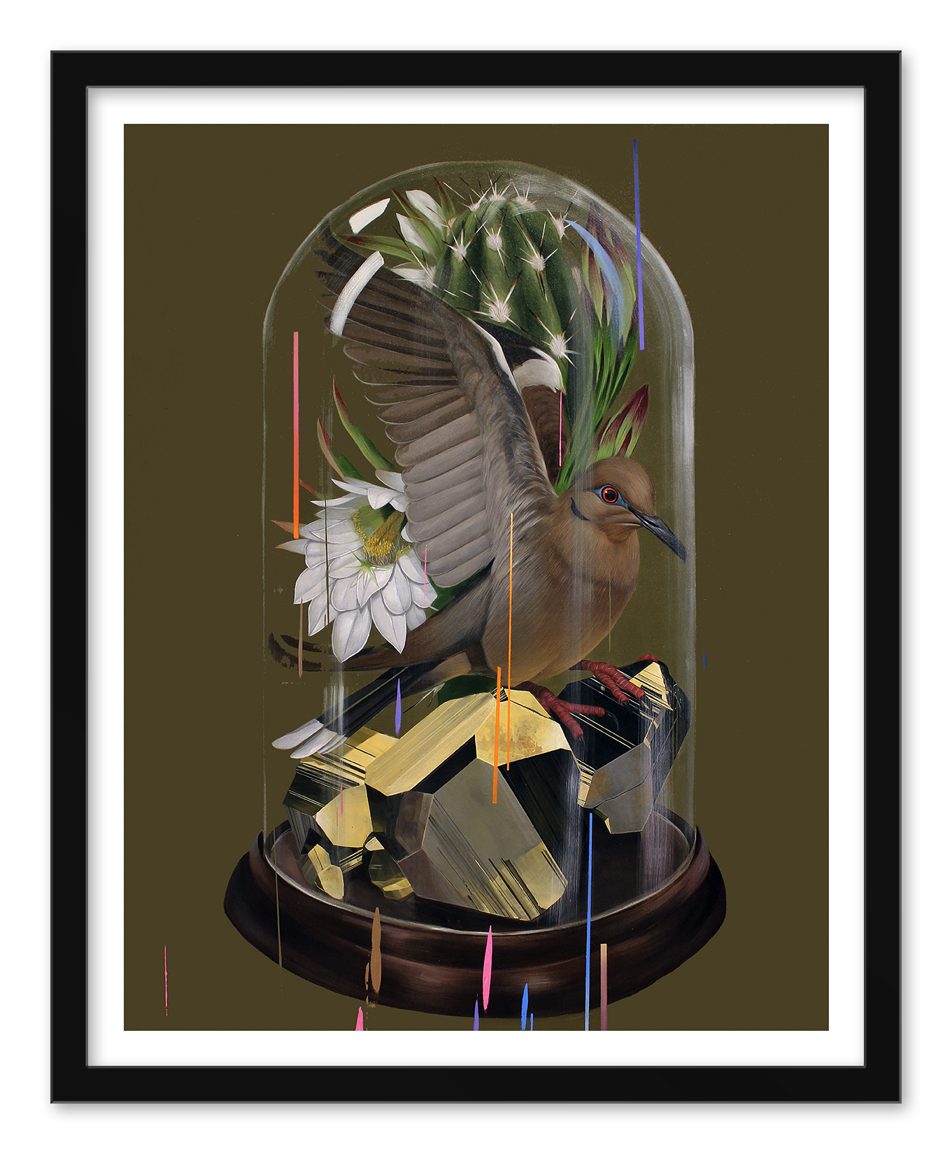 The framed artwork Specimen II by Frank Gonzales showcases a bird with spread wings inside a glass dome, surrounded by natural elements like a cactus, white flower, and gold polygons. It features colorful streaks on a dark background and is signed and numbered by the artist.