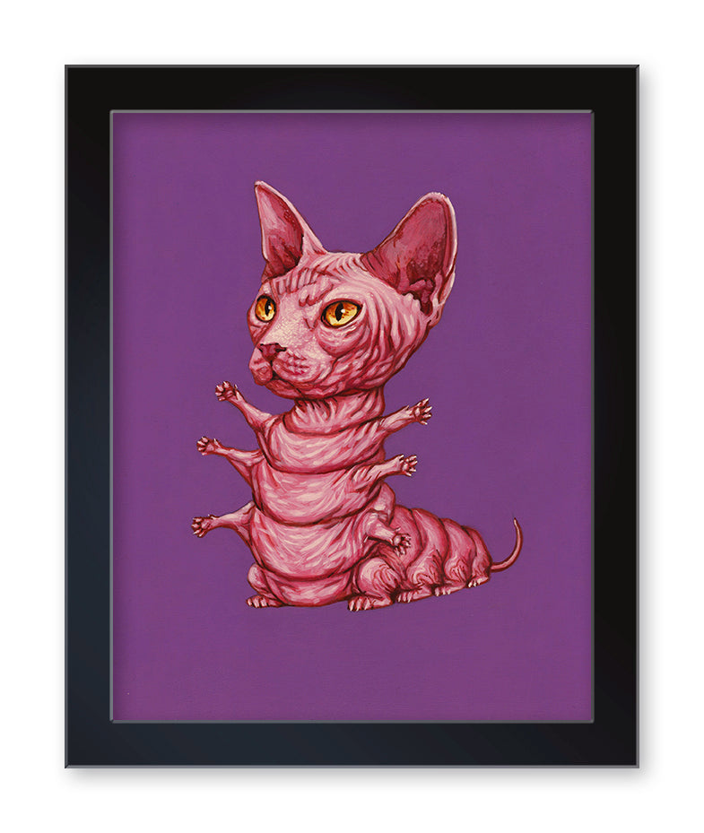 The Sphinx Archival Pigment Print by Casey Weldon features a Kittypillar—a hairless cat head atop a body made of stacked animals with tiny limbs—set on a purple background and framed in black.