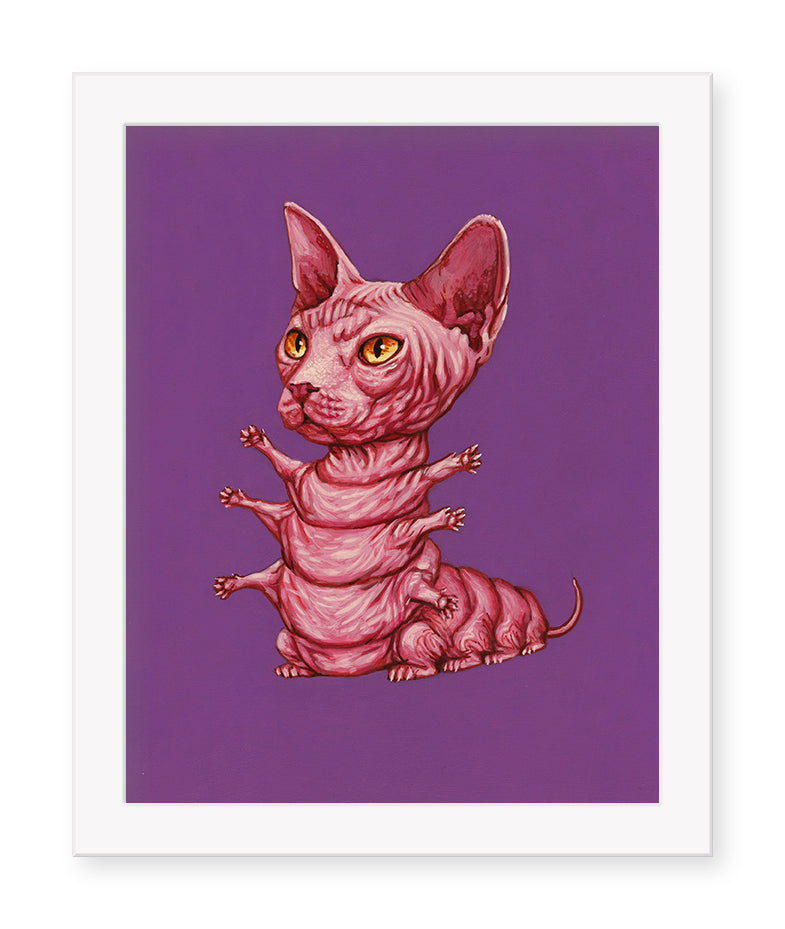 The Sphinx by Casey Weldon depicts a surreal pink, hairless cat with stacked bodies and eight legs against a purple background. It features large ears, orange eyes, and is exquisitely framed in white, highlighting its archival pigment print quality.