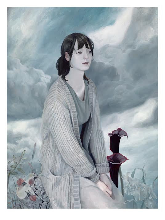 Insomnia by Joanne Nam is a limited edition fine art giclee print depicting a black-haired woman in a light blue cardigan amid flowers, set against a cloudy sky, creating a serene and dreamy atmosphere.