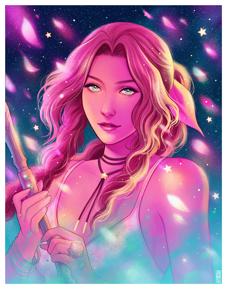 Planets Protection by Jen Bartel features a serene, pink-haired woman with green eyes holding a wand, set against a vibrant galaxy backdrop with swirling stars and cosmic elements.