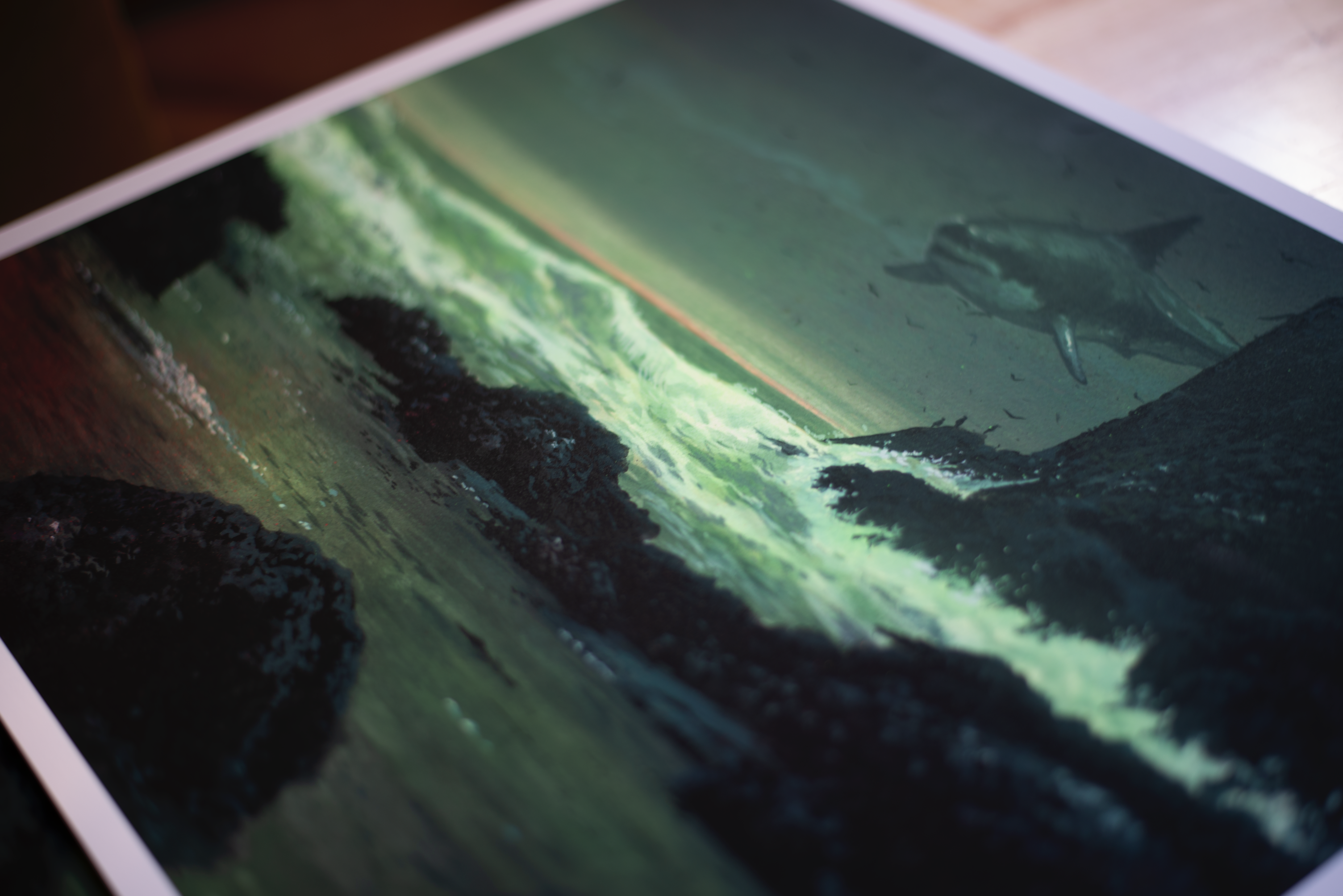 Chris Austins In The Teeth Of A Crashing Gale captures a shark leaping from turbulent seas under a cloudy sky with dramatic dark tones and light hints. Its available as a signed, numbered archival pigment print.