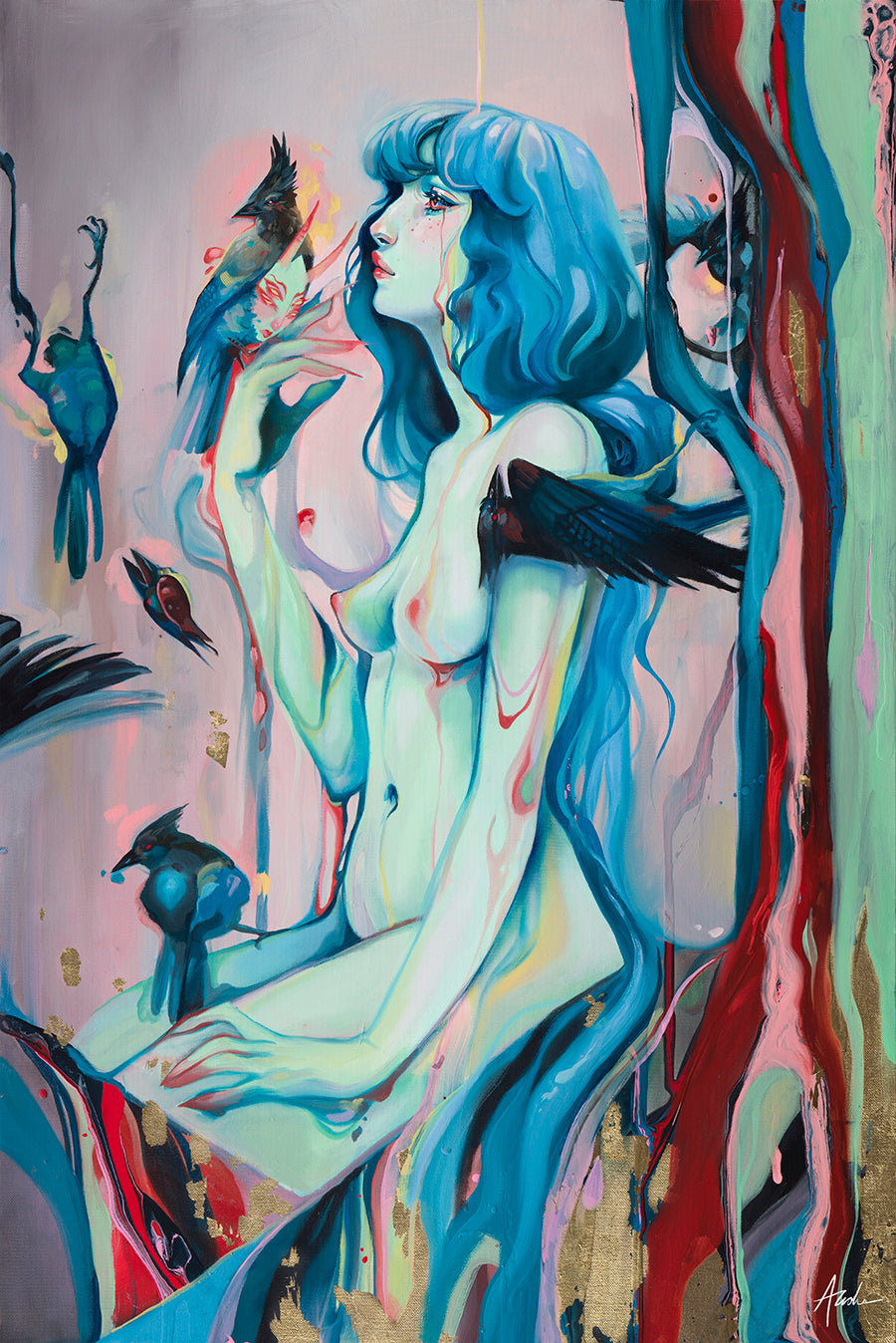 Death & Transformation by Audra Auclair showcases a nude woman with flowing blue hair gazing at a bird on her finger, surrounded by more birds. Its vivid colors and fluid forms create a dreamlike atmosphere. Available as an Archival Pigment Print for lasting beauty.