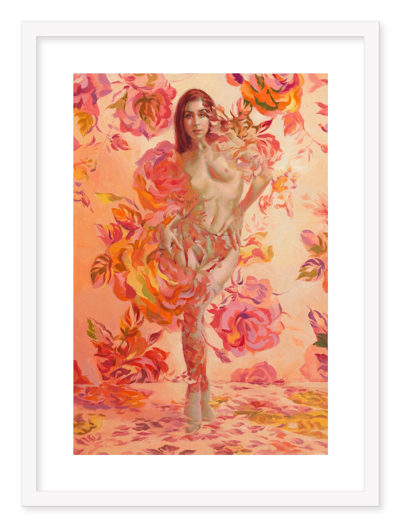 Sergio Lopezs Living Coral is an archival pigment print featuring a surreal painting of a woman merging with vibrant pink and orange roses, forming an abstract, harmonious design.