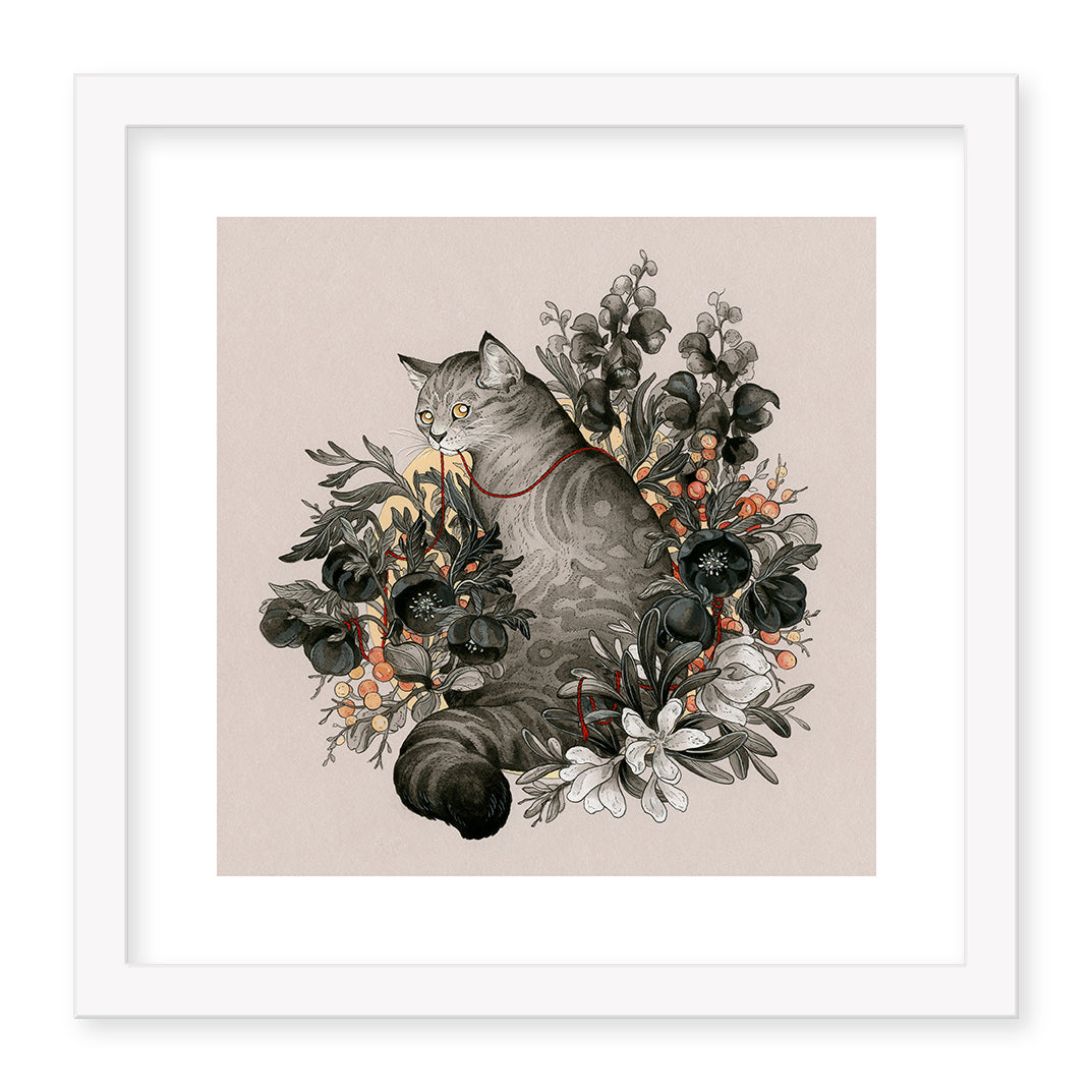 Nicole Gustafssons limited edition illustration, Portent, showcases a serene gray tabby cat with a red collar, nestled amid colorful flowers and foliage. Set against a light beige backdrop with a white frame, the archival pigment print captures the cats peaceful gaze to the left.