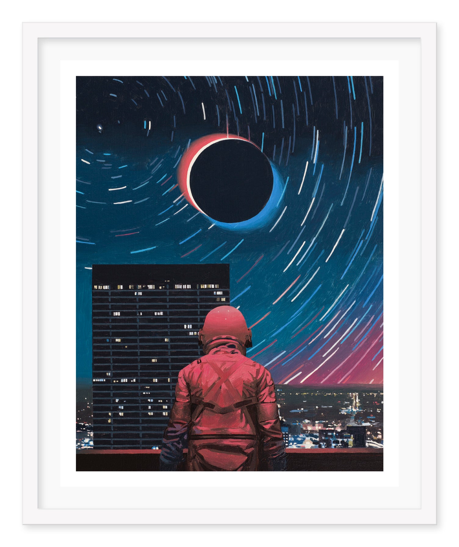 A person in a red astronaut suit stands on a rooftop, gazing at a cityscape under star trails and a solar eclipse in Scott Listfields Eclipse, an archival pigment print that blends urban and cosmic elements for a surreal, futuristic vibe.