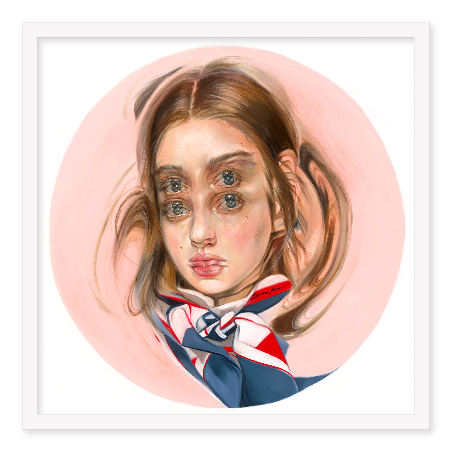 Powderpuff, a limited edition archival pigment print by Alex Garant, showcases a surreal portrait of a young woman with two sets of eyes and eyebrows. Her neutral expression pairs beautifully with the red, white, and blue scarf against a soft pink circle backdrop. Each piece is signed and numbered.