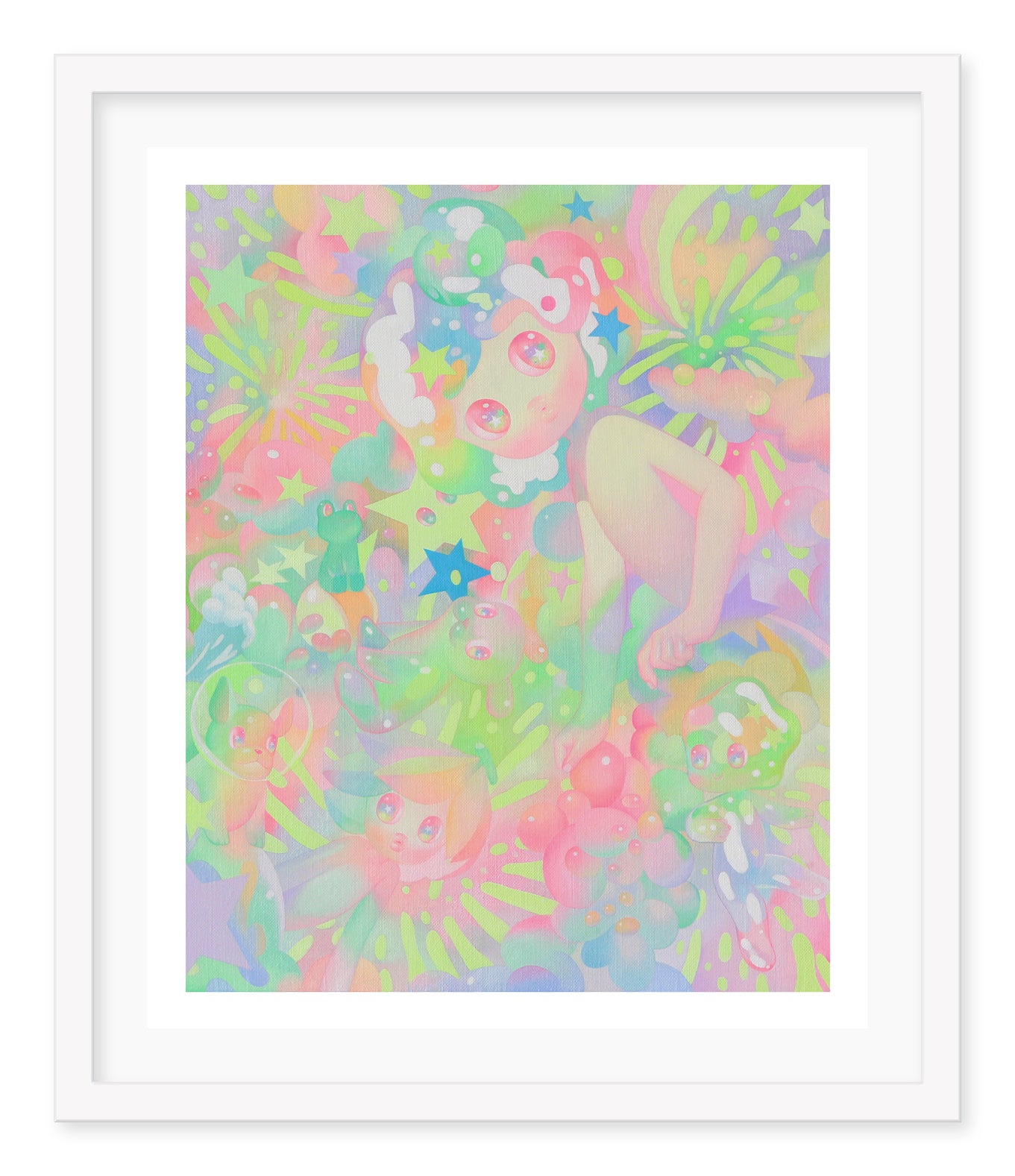 The product Discovery by So Youn Lee is a whimsical illustration of a dreamy character with abstract shapes, stars, and imaginative creatures in pastel pinks, greens, and blues. Its available as a signed and numbered hand-embellished archival pigment print.
