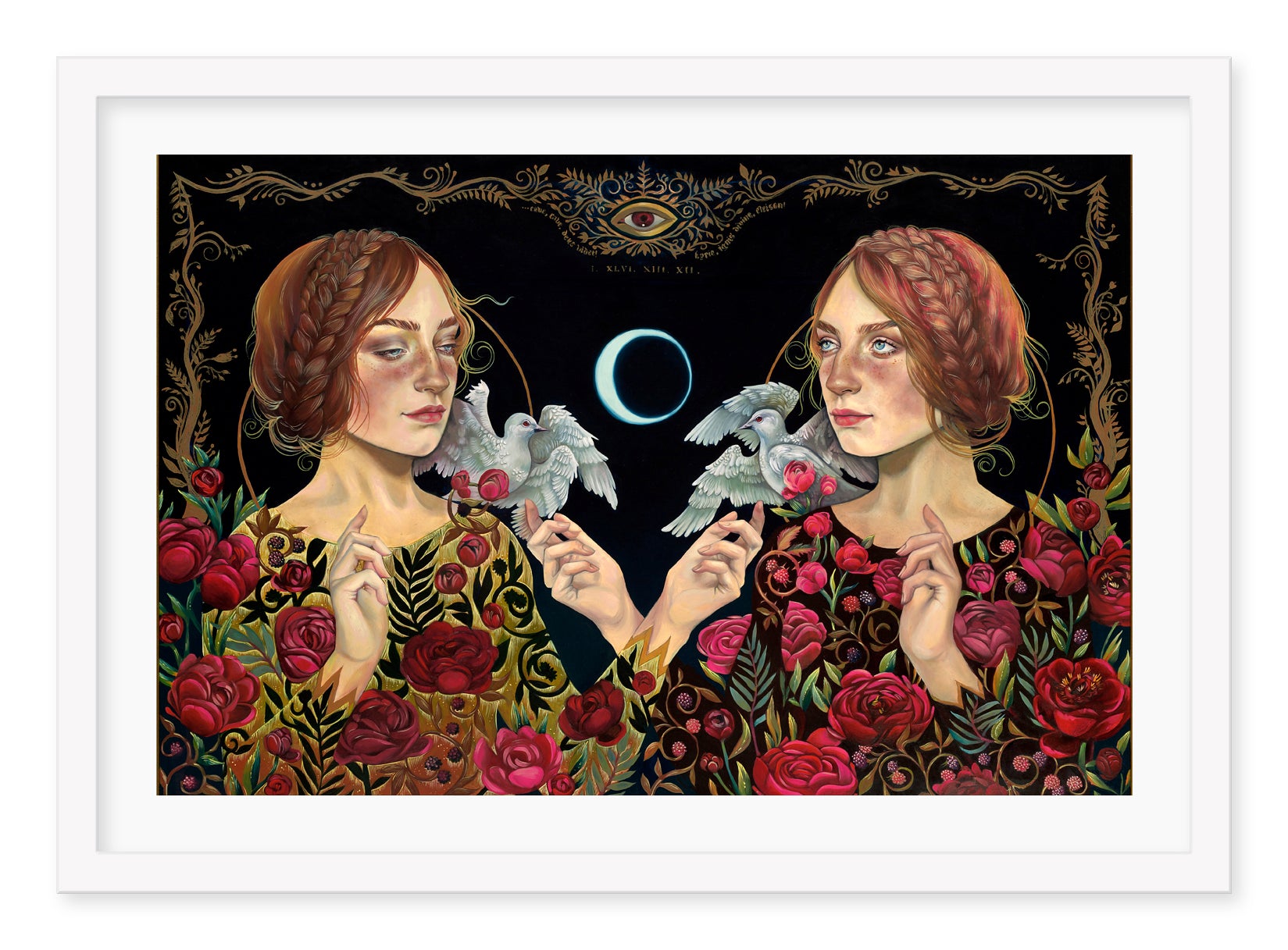The Dark Mirror painting by Ruth Speer, hand-embellished with care, depicts two women with braided hair holding doves amid vibrant red roses, a crescent moon, and an eye motif for a mystical tone.
