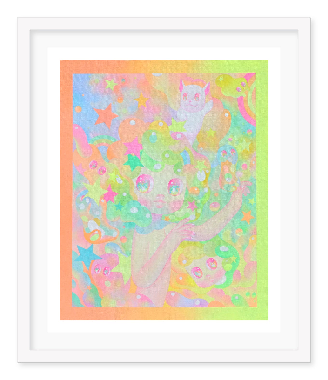 The product Dancing Stars by So Youn Lee features a colorful illustration of a child with large eyes, surrounded by pastel clouds and playful creatures, with twinkling stars and a white cat above. The vibrant background blends pink, orange, and green hues in an archival pigment print-like finish.