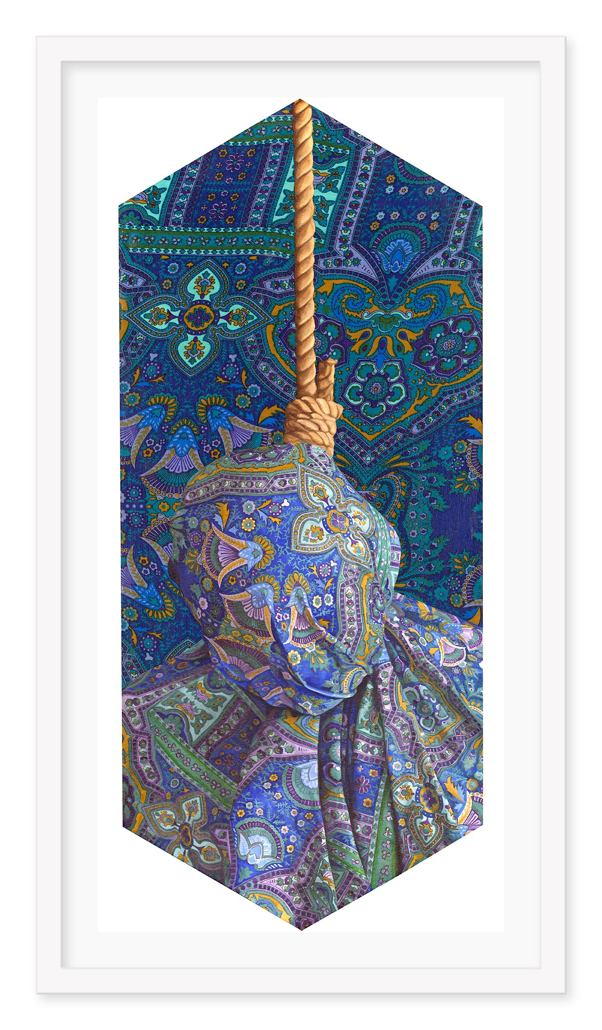 Peter Adamyans Camouflage Hangman Blue is an archival pigment print on hexagonal canvas, featuring a pear-shaped object wrapped in rich patterns. The artwork showcases intricate blue and gold designs, adding depth and texture to this vibrant, kaleidoscopic piece.