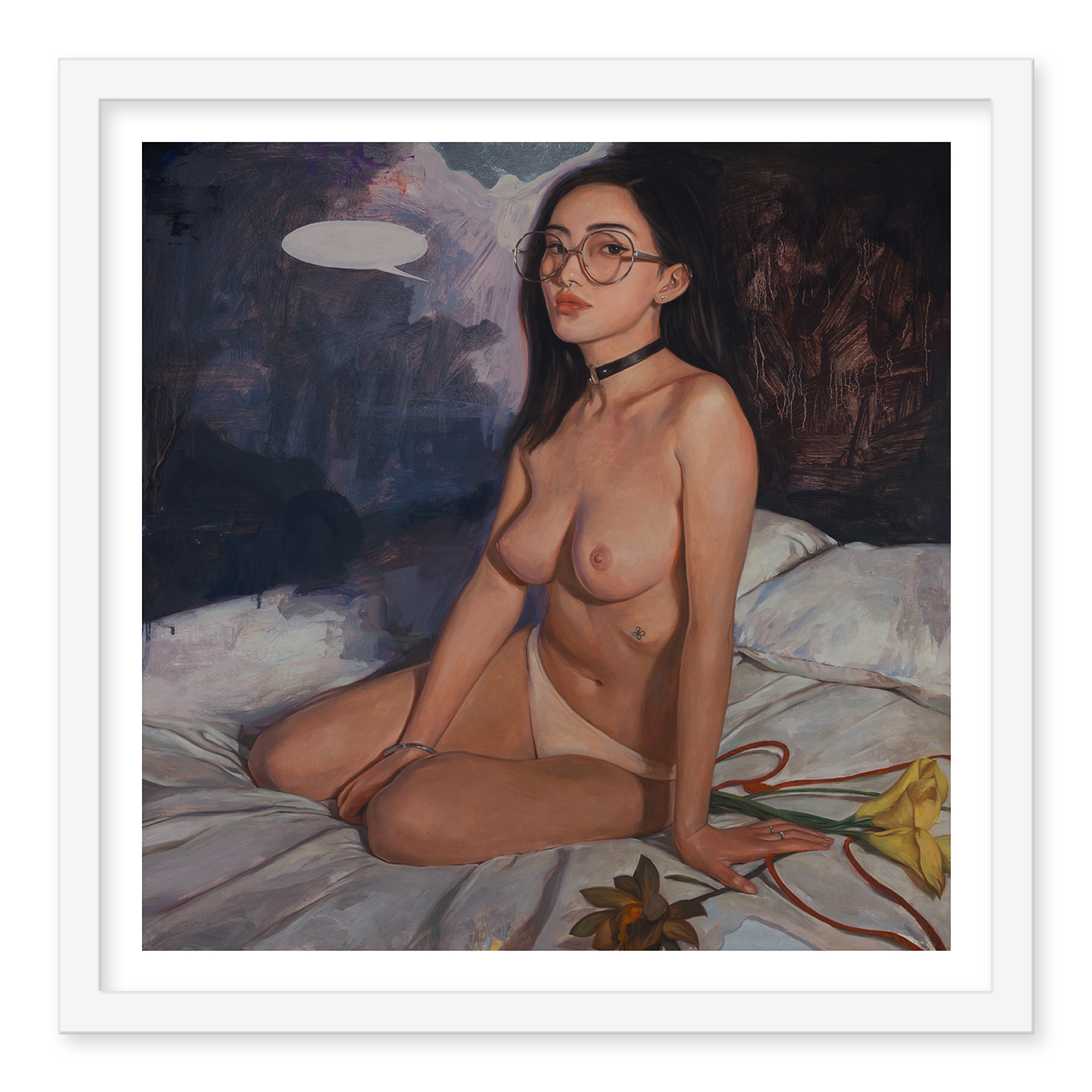 Little Minimal Melody #2 by Helice Wen features a contemplative nude woman with glasses seated on a bed, wearing a choker, partially covered by a garment. The hand-embellished piece includes flowers and a speech bubble overhead.