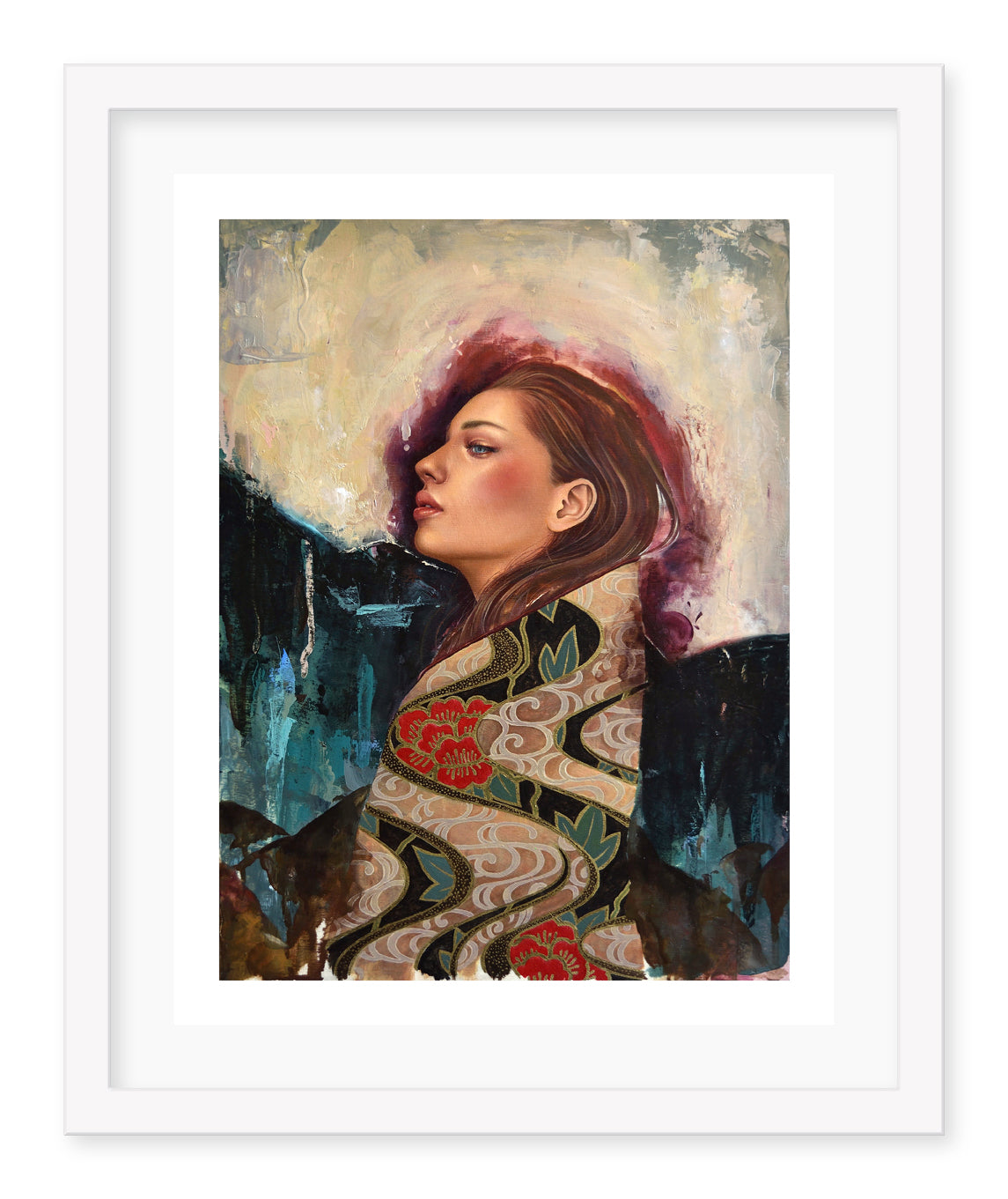 The framed artwork Linger by Sasha Ira is an archival pigment print, signed and numbered. It depicts a woman with long hair facing left, wrapped in patterned fabric with red flowers, set against abstract tones that suggest mountains and a glowing sky.