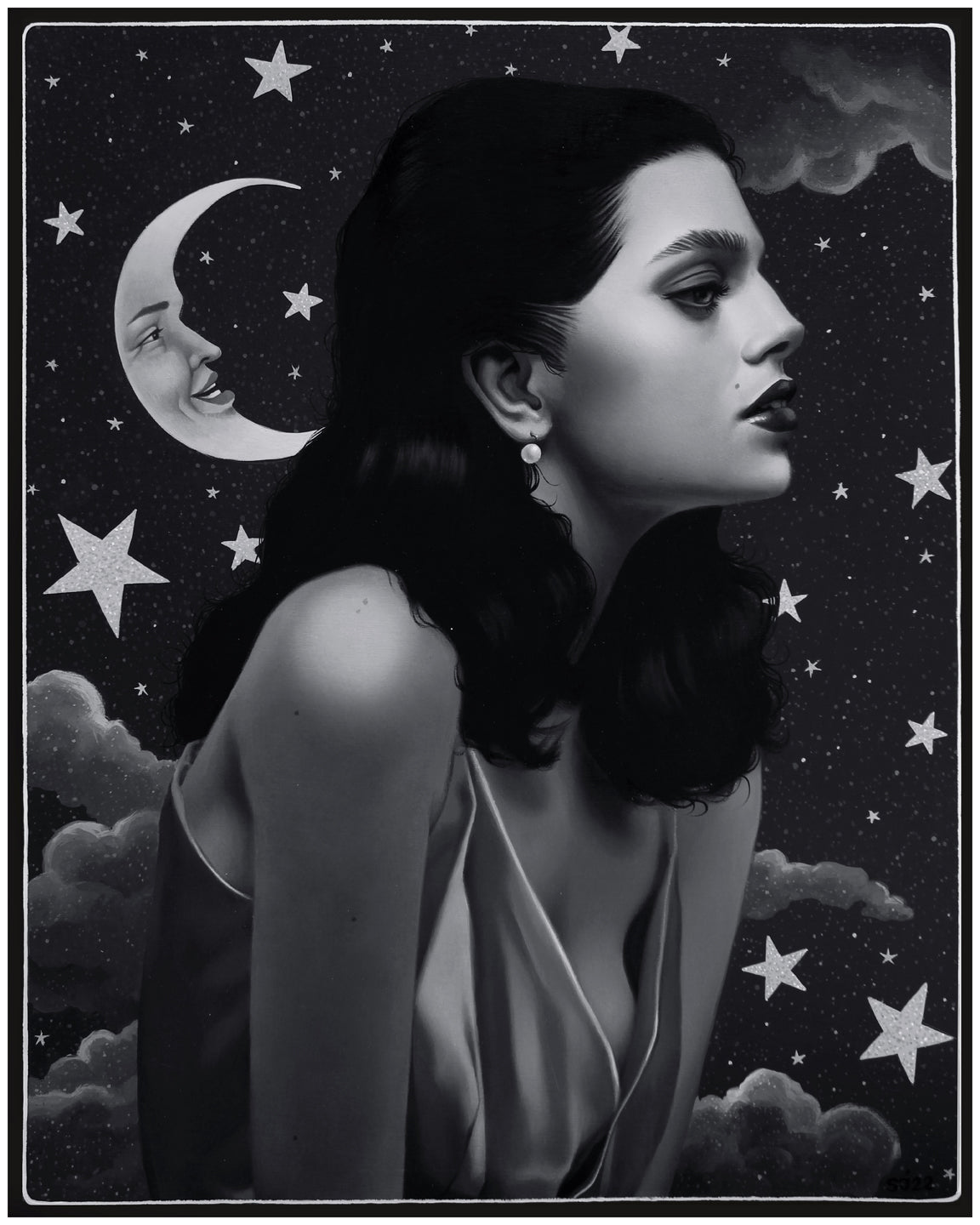 In Sarah Joncas signed and numbered archival pigment print, Worlds A Stage, a dark-haired woman in a sleeveless top gazes into the distance against a dreamy backdrop of stars, clouds, and a crescent moon with a face.